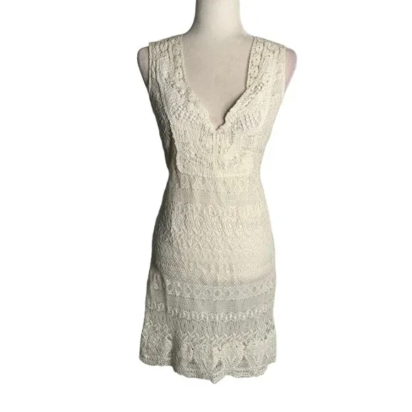 Hale Bob | Dresses | Hale Bob Crochet Lace Silk Dress S White Sleeveless V  Neck Lined Knee Length | Poshmark